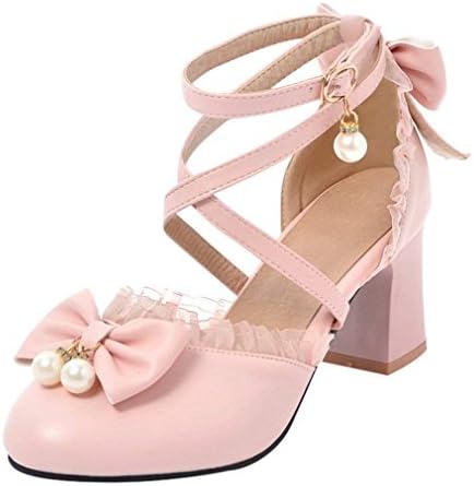 COOLULU Womens Mary Janes Pumps Mid Block Heel Court Shoes with Bow Pearls Ankle Strap Buckle Lolita Shoes