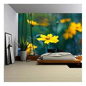 Yellow Flowers, Misty Morning - Removable Wall Mural | Self-Adhesive Large Wallpaper - 66x96 inches