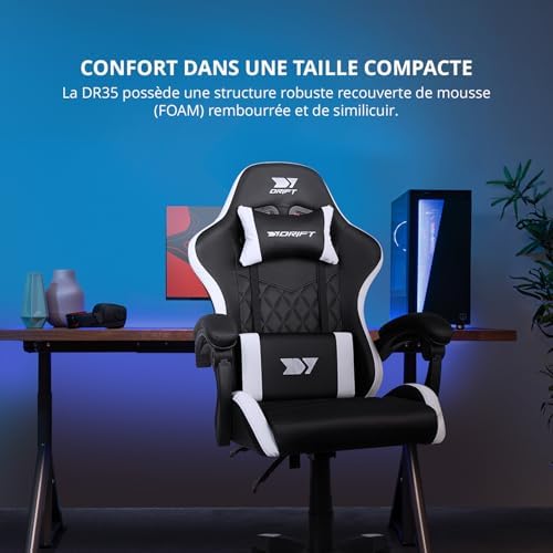 DR35 - Chaise Professionnelle, Similicuir, Accoudoirs rembourrés, Piston Classe 3, Base en Nylon renforcé, Siège inclinable, Hauteur réglable, Coussin Lombaire/Cervical, Noir/Blanc