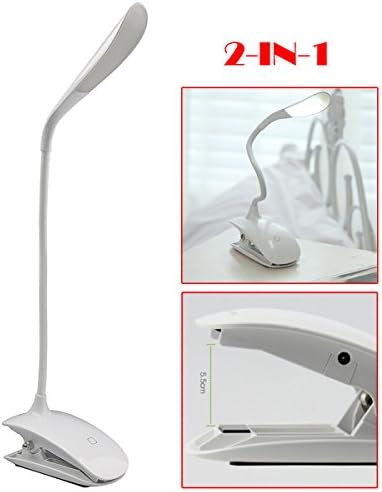 SKmoon (TM) Portable Flexible Gooseneck No Flickering LED Light Eye-care USB Rechargeable Table Desk Lamp with Anti-skid Base and Clip &amp;Touch-sensitive Switch -White