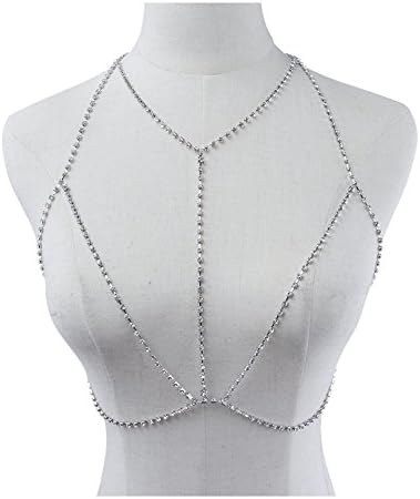 WeeH Bikini Boho Jewelry for Women Sexy Body Chain Necklace Bra Swimwear Beach Rhinestone Dimond Full Silver (D0296)