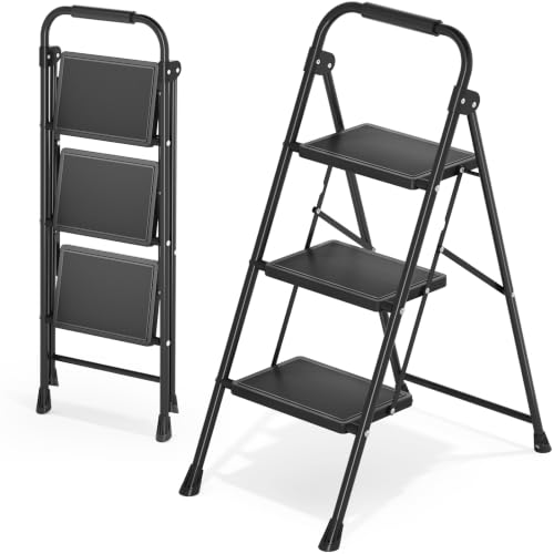 KINGRACK 3 Step Folding Step Stool with Handrail