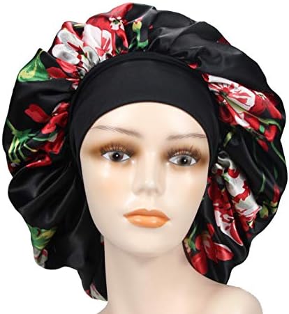 Large Satin Printing Bonnet Sleep cap Wide Elastic Band for Women Curly Natural Long Hair (Black)