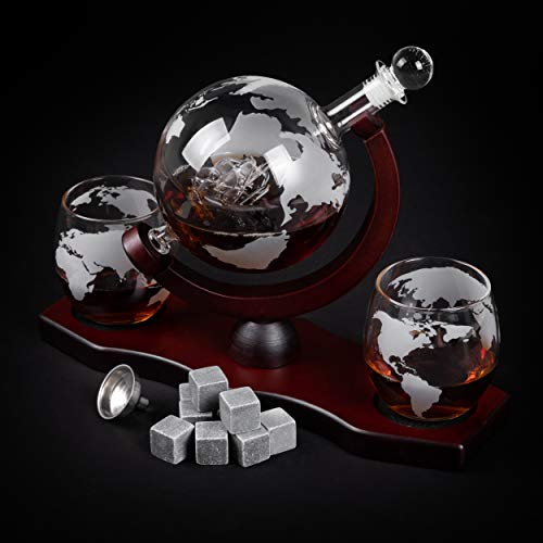 Moho Premium Whiskey Decanter | Handmade Globe Decanter Set With 2 Glasses | Durable Borosilicate | Ship In A Bottle | Perfect Gift | Liquor Dispenser for Whiskey, Bourbon, Scotch | Includes 9 Stones