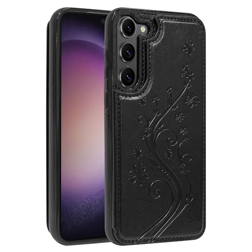 Korecase for Samsung Galaxy S23 Wallet Case with Card Holder, PU Leather Butterfly Flower Magnetic Clasp Back Flip Cover Case for Samsung S23 5G 2023,Black