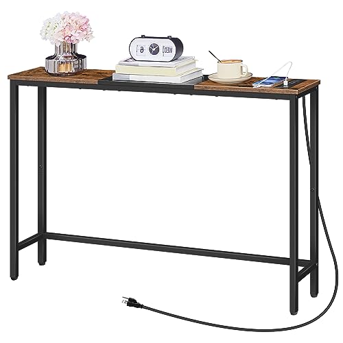HOOBRO Narrow Console Table with Charging Station, Skinny Entryway Table for Living Room, Slim Console Table Behind Couch, Sofa Table for Hallway, Foyer, Rustic Brown and Black EBF114KXG01