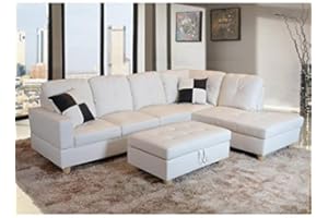 A Ainehome Sectional Sofa Faux Leather Modern L Shaped Couch Set 103.5”Wide Including Chaise and 3 Seating Sofa with Storage Ottoman for Living Room Furniture (Right Hand Facing, B-White)