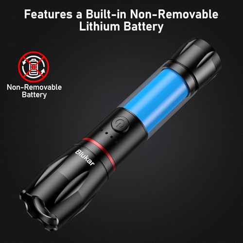 Blukar ​LED Torch Rechargeable, Super Bright Flashlight with 5 Modes, Adjustable Focus, Water Resistant, Lightweight Handheld Torch for Camping, Running, Dog Walking, Power Cut, Emergency etc-Black