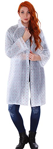 Transparent Emergency Hooded Knee-Length Rain Coat with Pockets, Blue/Red Dots, (Adult Size) - Thumbnail 2