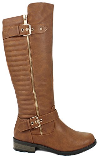 Mango-20 Tan Dual Gold Decorative Zipper/Buckle Quilted Motorcycle Riding Knee High Boots-6.5