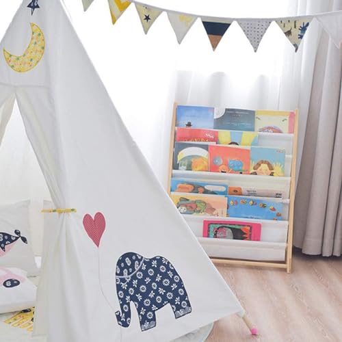 AM ANNA Wooden Bookshelf for Kids,6 Tier Kids Bookshelf Wood Bookrack Canvas Book Storage Shelf Display,Bookshelf Kid Books and Magazines Easy to Reach Book Shelves (60 CM)