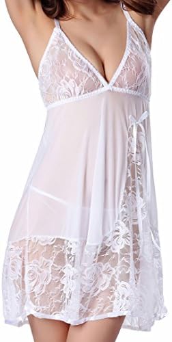 SEXYHUT Women Lingerie Nightwear Lace Babydoll V Neck Sleepwear Strap Chemise (White)