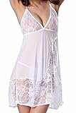 SEXYHUT Women Lingerie Nightwear Lace Babydoll V Neck Sleepwear Strap Chemise (White)