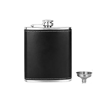 Menzy Stitched Leather & Stainless Steel Hip Flask with Funnel, Liquor Or Alcohol Flask for Men - 7oz