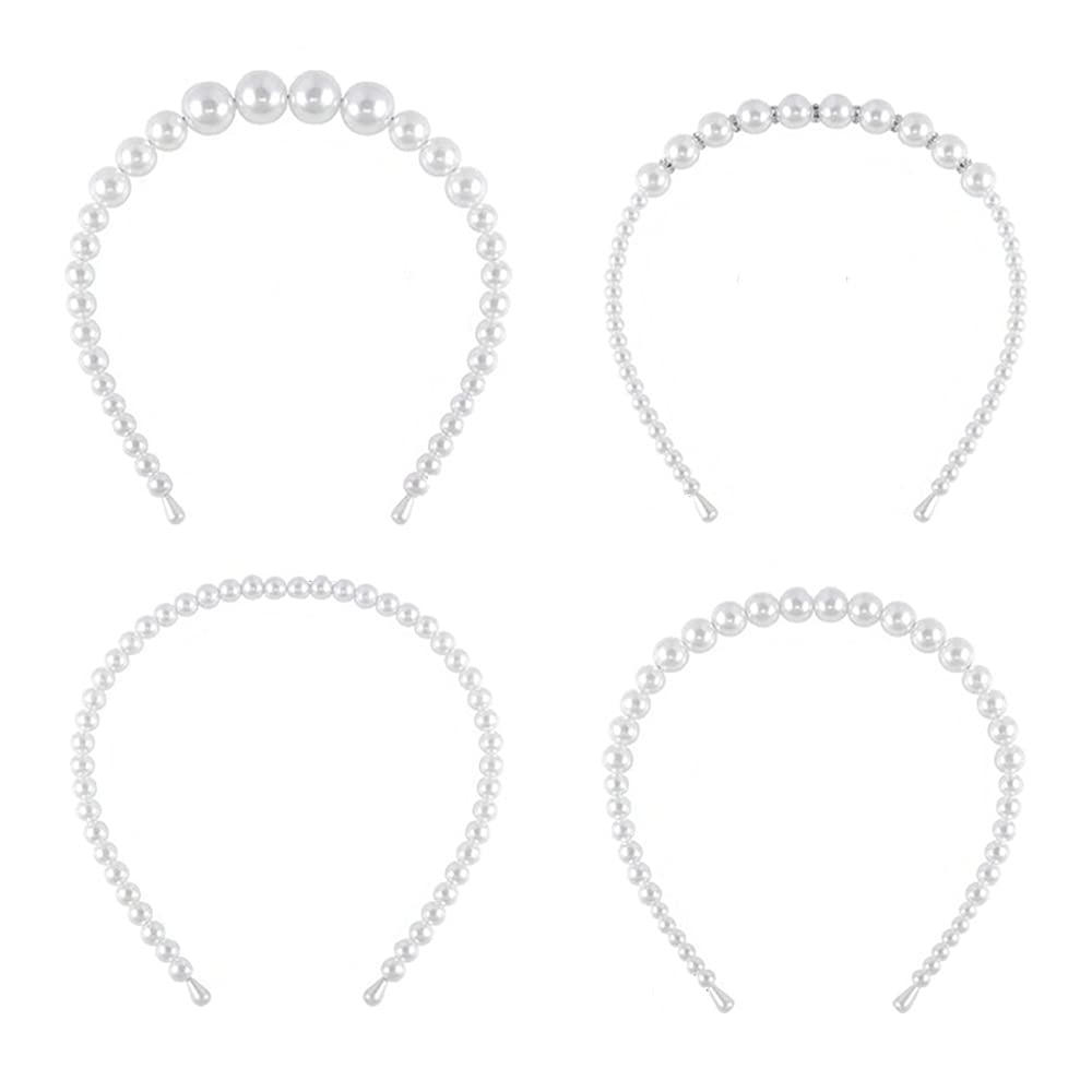 Bridal Hair Hoop, 4 Pieces Pearl Rhinestones Hairbands, Pearl White Hair Hoops, White Pearl Hairbands, for Women Girls Birthday Valentines Day Christmas Wedding Party Hair Accessories