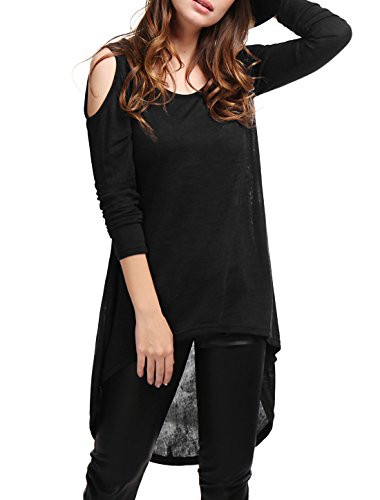 Allegra K Women's Cut Out Shoulder High Low Hem Long Sleeves Tunic Top XL Black
