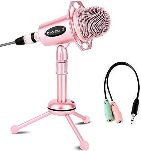 USHAWN Recording Microphone with Tripod Stand for Broadcasting, Chatting, Interview, Video Conference, Gaming, Perfect Fit Your PC, Laptop and Phones(Rose Gold)