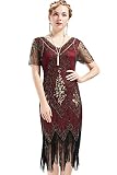 BABEYOND 1920s Art Deco Fringed Sequin Dress Roaring 20s Flapper Fancy Dress Gatsby Costume Dress Vintage Beaded Evening Dress (Red and Gold, Small)
