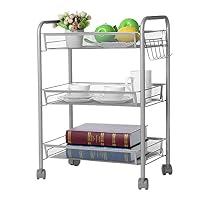 DD-upstep 3-Tier Rolling Kitchen Storage Cart - Mesh Wire Basket Cart with Wheels Shelving, Multi-Function Tool Cart Kitchen Storage, Wire Basket Shelf Trolley(Silver)
