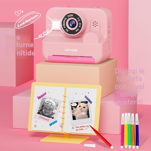 ASTGMI Children's Instant Camera, 2.4 Inch 1080P Children's Selfie Camera with Printing Paper and 32GB Card, Toy Christmas Gift Boy and Girl 3 4 5 6 7 8 Years (Pink)