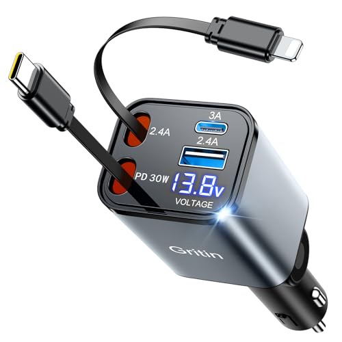 Gritin Retractable Car Charger, 69W Super Fast 4 in 1 USB C Car Charger Adapter with Smart Device-Adaptive Charging Technology&Instant Voltage Display, Accessories for iPhone17 16 Pro Max,iPad,Android