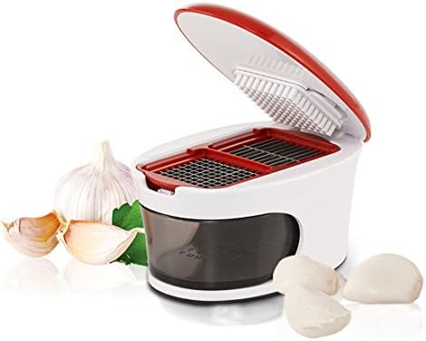 Garlic Press-3-in-1 Garlic Cube, Slicer, Chopper, Crusher and Dicer - Sharp Stainless Steel Blades, Inbuilt Clear Plastic Tray (White &amp; Red)