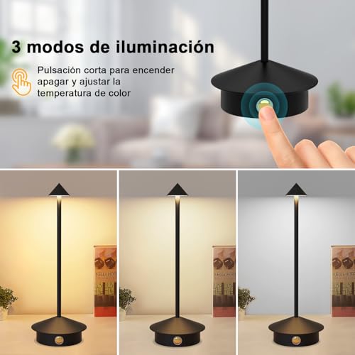Sunsign Lámparas de Mesa Inalámbricas, Pequeña Lámpara de Escritorio Portátil,3 Temperaturas de Color y Regulable, Lámparas de Mesa para Dormitorio, para Sala de Estar, Restaurante (Negro)