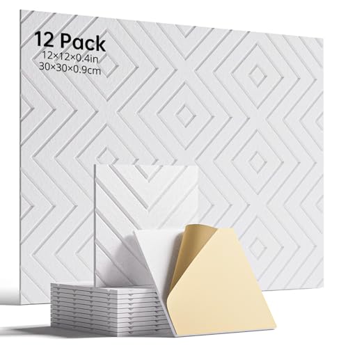 Woovio Sound Proofing Panels, 12 Pack Self-Adhesive acoustic wall panels High Density Acoustic Panels for Podcast Studio, Living Room, Offices 30x30x0.9cm White