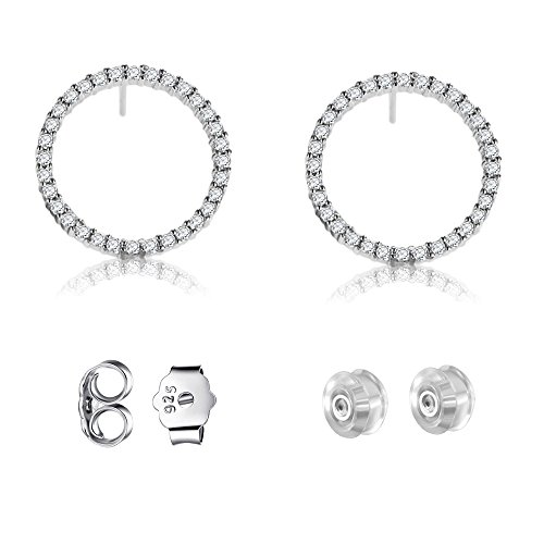 Sterling Silver Circle Earrings Stud with Sparkle Cubic Zirconia for Women & Girls Piercing Ears,High Polished and Platinum-Plated Stud Earrings for Your Sensitive Ear Lobe(Size:14.7mm)