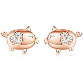 Crystal Pig 925 Sterling Silver Tiny CZ Heart Studs Earrings for Women Cute Small Animal Cartilage Tragus Post Luck Jewelry for Pet-Lover Rose Gold-Tone