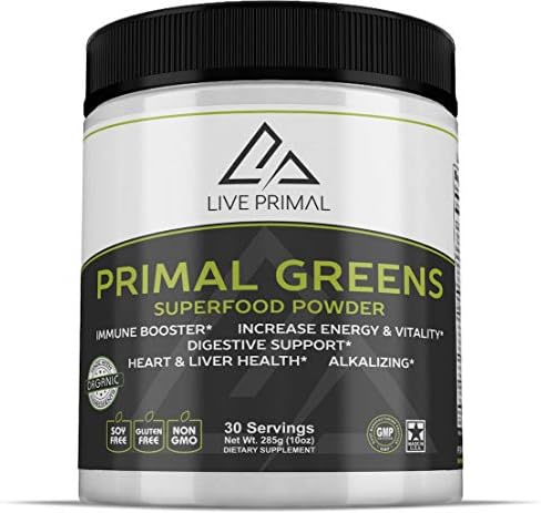 Primal Greens -Natural and Organic Green Superfood Supplement Powder, Enriched with Vitamin C, Moringa, Green Tea, Spirulina, Milk Thistle, Chlorella, Kelp, Maca and Astragalus Root, 10 Ounces