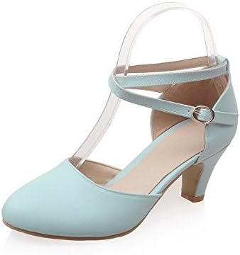 AllhqFashion Women's Buckle Round Closed Toe Kitten Heels Solid Pumps Shoes