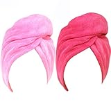 2 Pack Ultra Absorbent Microfiber Hair Drying Towel - Hairizone Fast Dry Hair Wrap Turban with Elastic Loop for All Hair Styles (Pink/Roseo)