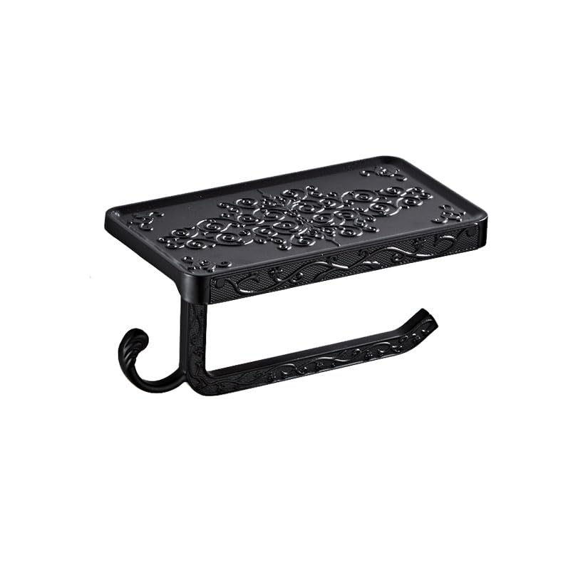 Antique Brass Toilet Paper Holder with Shelf, Aluminum Wall Mount Toilet Tissue Holder with Cell Phone Storage and Hook,Bathroom Toilet Paper Holder Modern Style & Rustproof(Black)