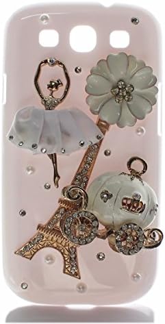 Fuzzy Green Limited Luxury Diamond Crystal Bling Eiffel Tower & Ballerina White Case Back Protector Shell for Samsung Galaxy S3 i9300