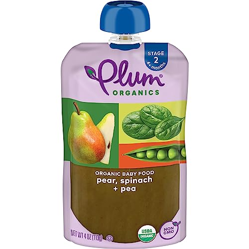 PLUM ORGANICS STAGE 2, ORGANIC BABY FOOD, PEAR, SPINACH, AND PEA, 4 OUNCE, NEW LOOK, PACKAGING MAY VARY.