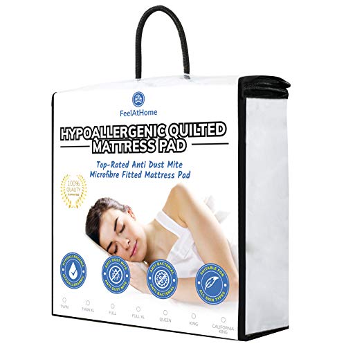 FeelAtHome Hypoallergenic Fitted Mattress Pad Topper - Premium Anti-Dust Mite, Anti-Allergen Soft Luxurious Pillowtop Mattress Topper Protection Cover (Queen) - Thumbnail 6