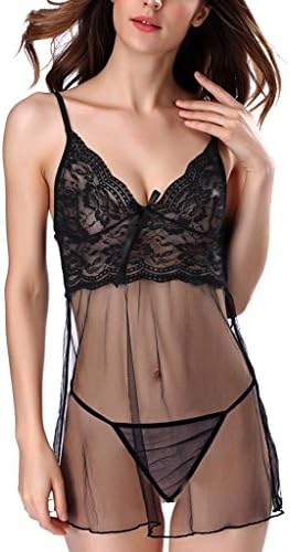 Miss Enigma Women Babydoll Lingerie Set Nightwear Lace Chemise For Baby Black M