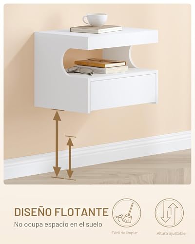 Hzuaneri Floating Bedside Table, U-Shaped Design, White | NS50103X Modern Hanging Shelf and 1 Drawer with Runners, Bedroom and Living Room, 30 x 40 x 29.2 cm