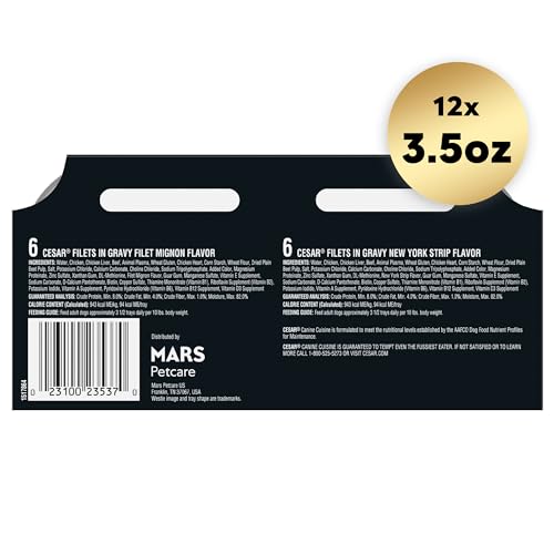 CESAR FILETS IN GRAVY ADULT WET DOG FOOD, FILET MIGNON AND NEW YORK STRIP FLAVORS VARIETY PACK, 3.5 OZ. (12 COUNT, PACK OF 1)