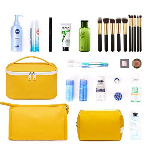 WANDF 3 Pieces Makeup Bag PU Leather Toiletry Bag Portable Cosmetic Pouch Water-resist Travel Organizer for Women (Yellow) 7 WANDF 3 Pieces Makeup Bag PU Leather Toiletry Bag Portable Cosmetic Pouch Water-resist Travel Organizer for Women (Yellow)