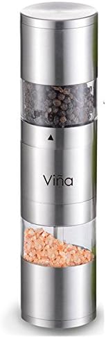 Vina Dual Manual Salt and Pepper Grinder, Stainless Steel 2 in 1 Pepper Mill Combo with Adjustable Ceramic Coarseness for Himalayan Salt, Pepper and Spices, Silver