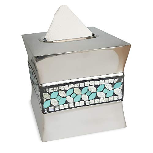 nu steel SF9H Sea Foam Collection Curved Shape Paper Facial Tissue Box Holder for Bathroom Vanity Countertops, Bedroom Dressers, Nightstands, Desks and Tables, Glass Mosaic with Aqua Finis - Thumbnail 4
