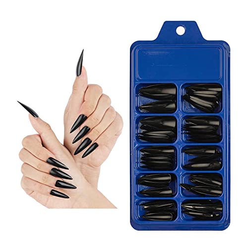 Amni Natural Look False Nail Tips 10 Sizes Matte Full Cover Long Stiletto/Pointy Fake Nails Art Manicure UK (BLACK POINTY NAILS), 100 Piece Assortment