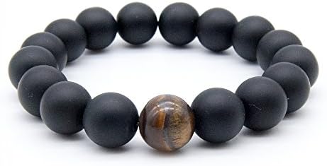 AnbiviMens Black Matte Agate & 1 Tiger Eye Stone Gemstone Buddha Prayer Beads Healing Energy Elastic Bracelet(12mm)