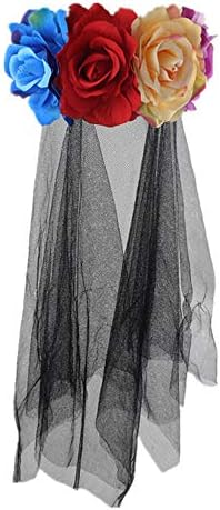 Bescita New Dead Day Black Lace Veil with Dark Red & Black Roses Lace Head Buckle Party Halloween Horror Headband (D)