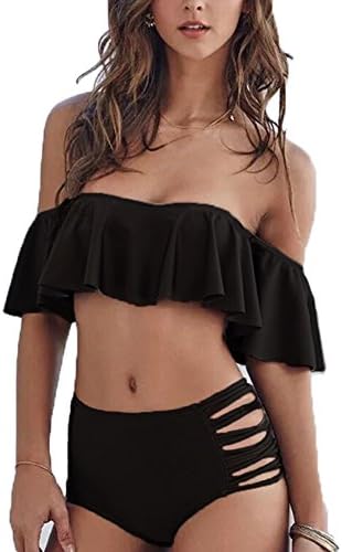 Polystary Women Two Piece Padded Off Shoulder Ruffle Bikini Set High Waisted Swimsuit (Large, Black)
