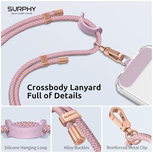 SURPHY Mobile Phone Cord, Hanging Strap Lanyard with 2 Durable Patches, Adjustable Neck Straps, Multifunctional Chain Compatible with Most Cases, Pink and Purple