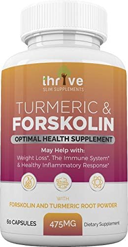 Thrive Slim Supplements Turmeric Capsules - 100% Organic 475mg Turmeric Forskolin Capsules, Antioxidant, Anti-inflammatory, Pain Relief, Joint Support - 60 Vegetarian Caps