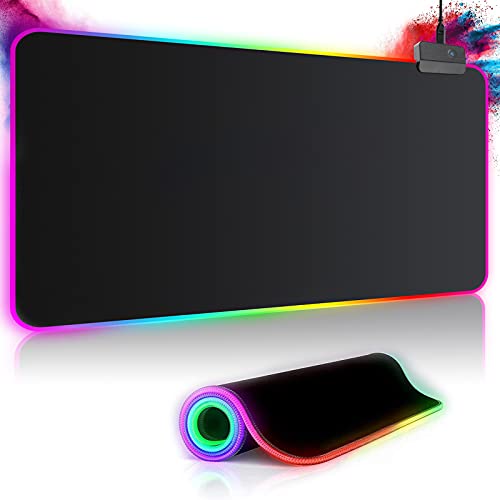 Gaming Mouse Mat RGB Mouse Mat 800 x 300 mm XXL Gaming Mouse Mat Large with 14 Lighting Modes 7 LED Colours Waterproof Non-Slip for Computer PC Professional Gamers Black